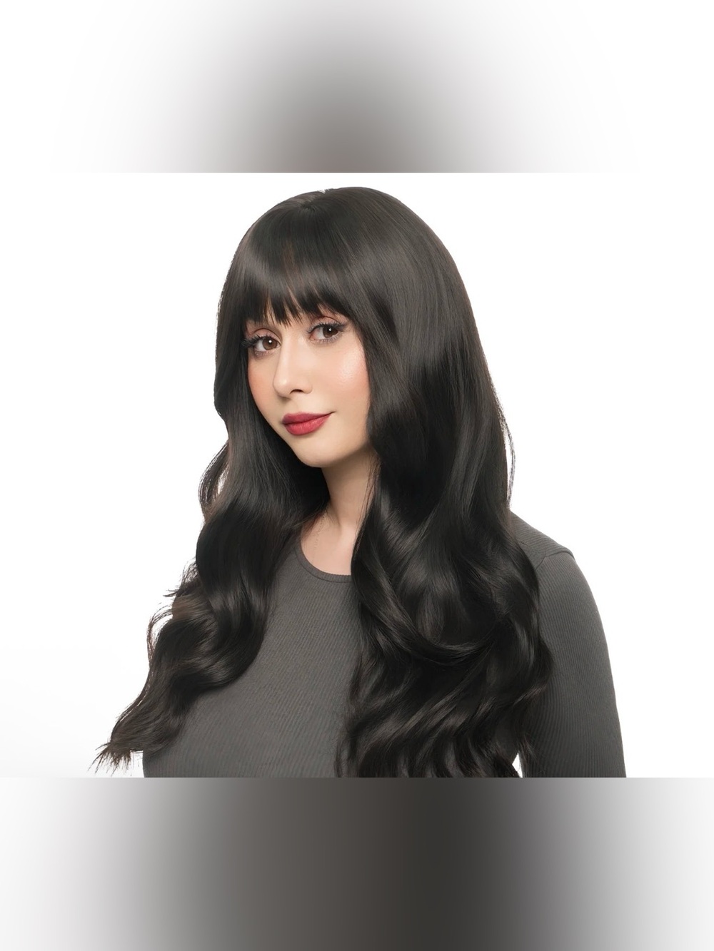 Lady Grayy Long Wavy Women’s Wig with Bangs in Dark Brown 26in